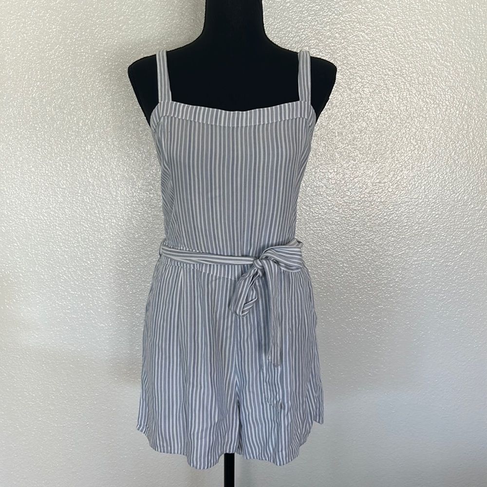 Hollister Blue and White Striped Romper with Belt Size Large